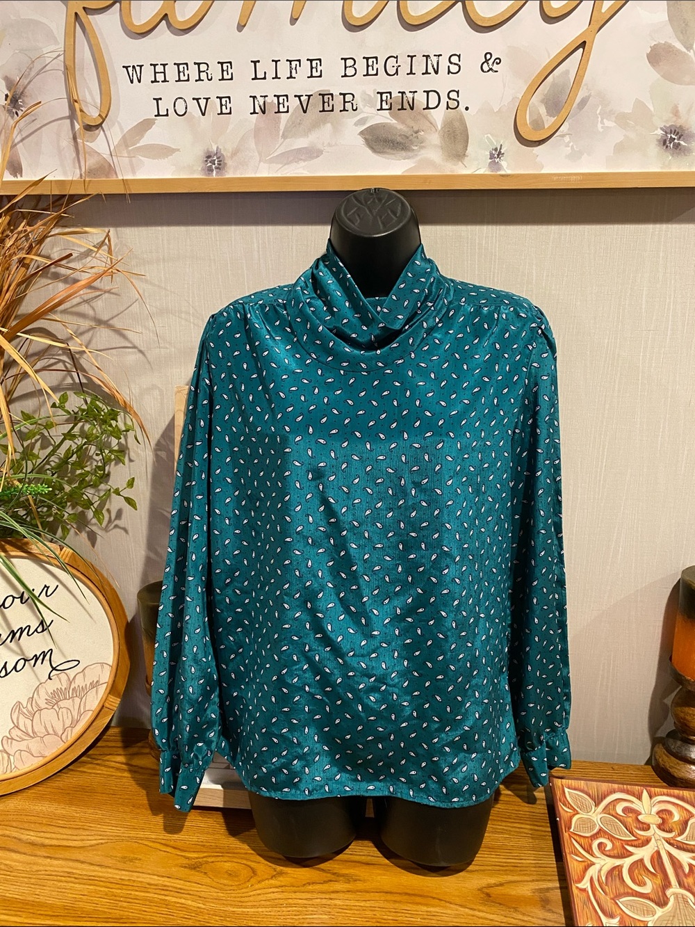 Teal Printed Cowl-Neck Blouse - Women’s Long Sleeve
